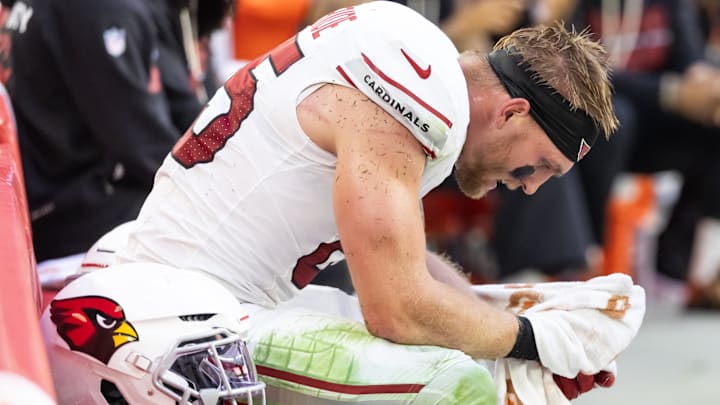 Dec 21, 2025; Glendale, Arizona, USA;  Arizona Cardinals tight end Trey McBride (85) reacts against the Atlanta Falcons at State Farm Stadium. Mandatory Credit: Mark J. Rebilas-Imagn Images