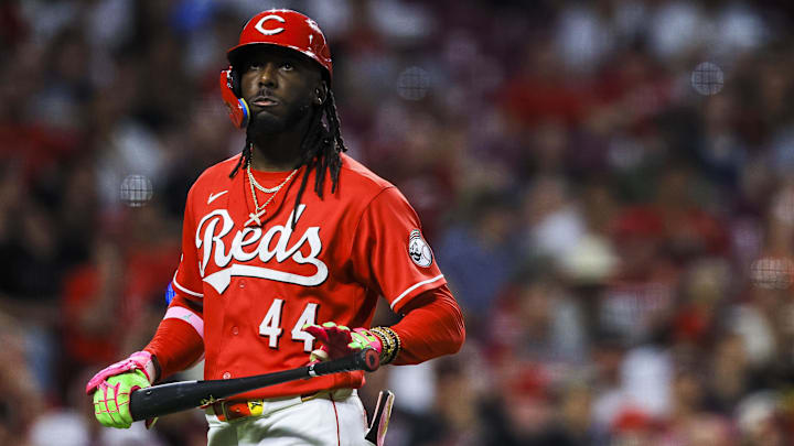 May 12, 2026; Cincinnati, Ohio, USA; Cincinnati Reds shortstop Elly de la Cruz (44) walks off the field after striking out in the seventh inning against the Washington Nationals at Great American Ball Park. Mandatory Credit: Katie Stratman-Imagn Images