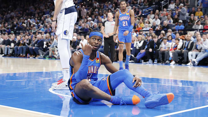Jan 23, 2025; Oklahoma City, Oklahoma, USA; Oklahoma City Thunder guard Shai Gilgeous-Alexander (2) gestures after a play against the Dallas Mavericks during the second half at Paycom Center. Mandatory Credit: Alonzo Adams-Imagn Images