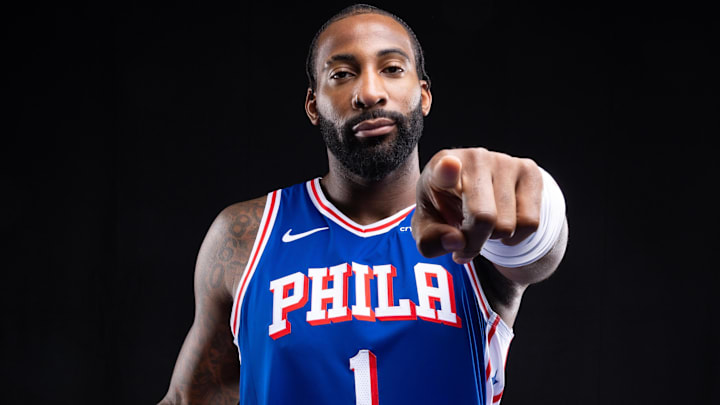 Sep 26, 2025; Camden, NJ, USA; Philadelphia 76ers center Andre Drummond (1) poses for a photo during media day. Mandatory Credit: Bill Streicher-Imagn Images