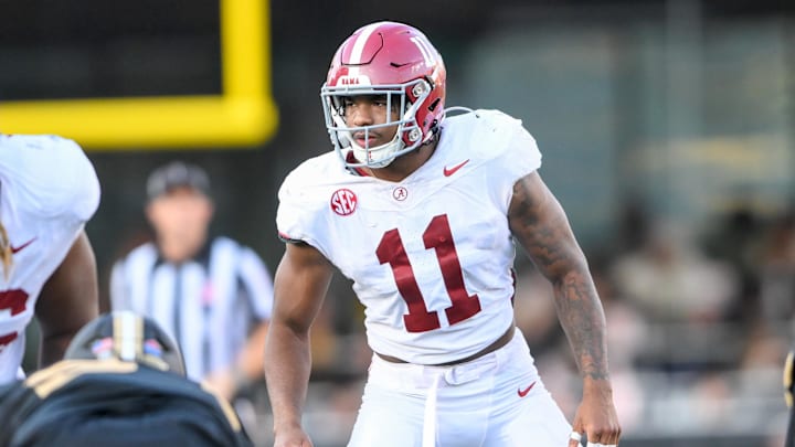 Oct 5, 2024; Nashville, Tennessee, USA; Alabama Crimson Tide linebacker Jihaad Campbell (11) sneaks a peek into the back field against the Vanderbilt Commodores during the second half  at FirstBank Stadium. Mandatory Credit: Steve Roberts-Imagn Images