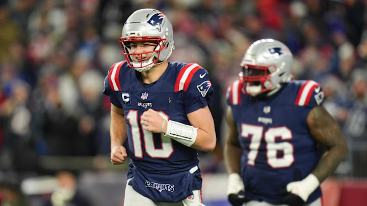 Jan 11, 2026; Foxborough, MA, USA; New England Patriots quarterback Drake Maye (10) celebrates during the fourth quarter against the Los Angeles Chargers in an AFC Wild Card Round game at Gillette Stadium. 