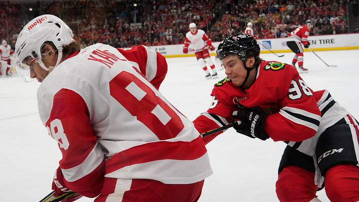 Nov 6, 2024; Chicago, Illinois, USA; Chicago Blackhawks center Connor Bedard (98) checks Detroit Red Wings right wing Patrick Kane (88) during the first period at United Center. Mandatory Credit: David Banks-Imagn Images Nov 6, 2024; Chicago, Illinois, USA; Chicago Blackhawks center Connor Bedard (98) checks Detroit Red Wings right wing Patrick Kane (88) during the first period at United Center. Mandatory Credit: David Banks-Imagn Images