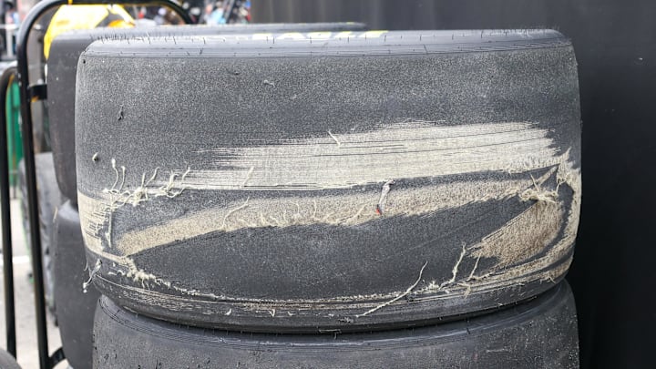 Mar 16, 2024; Bristol, Tennessee, USA; Worn tires during the NASCAR Food City 500 at Bristol Motor Speedway. Mar 16, 2024; Bristol, Tennessee, USA; Worn tires during the NASCAR Food City 500 at Bristol Motor Speedway.