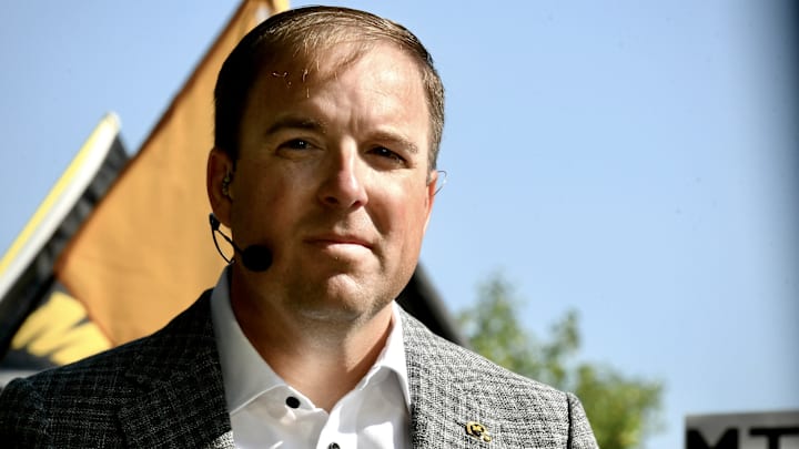 Sep 6, 2025; Columbia, Missouri, USA; Missouri Tigers coach Eli Drinkwitz during his appearance on "SEC Nation" ahead of the renewed Border Showdown between the Tigers and Kansas Jayhawks at Faurot Field at Memorial Stadium.