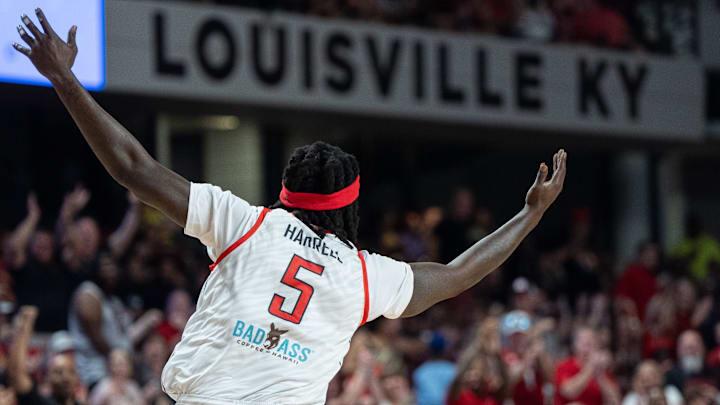 The Ville's Montrezl Harrell (5) celebrates his dunk during their game against UKnighted on Saturday, July 20, 2024 in Louisville, Ky. at Freedom Hall during the first round of The Basketball Tournament.
