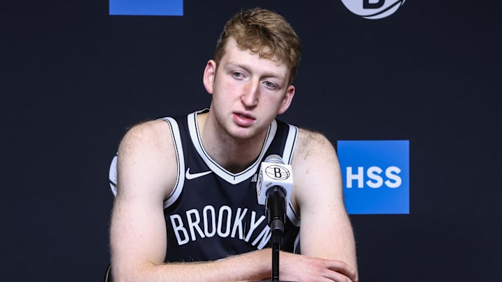 Sep 23, 2025; Brooklyn, NY, USA;  Brooklyn Nets forward Danny Wolf (2) speaks at Media Day. Mandatory Credit: Wendell Cruz-Imagn Images