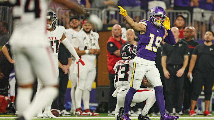 Sep 14, 2025; Minneapolis, Minnesota, USA; Minnesota Vikings wide receiver Adam Thielen (19) celebrates first down during the first half Atlanta Falcons at U.S. Bank Stadium. Mandatory Credit: Matt Krohn-Imagn Images