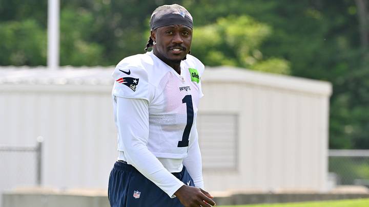 New England Patriots wide receiver A.J. Brown (1) walks to practice for training camp at Gillette Stadium. New England Patriots wide receiver A.J. Brown (1) walks to practice for training camp at Gillette Stadium.