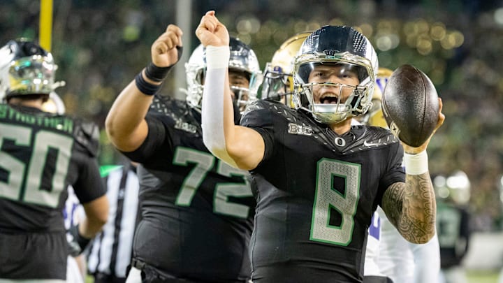 Oregon quarterback Dillon Gabriel dances to celebrate a touchdown as the No. 1 Oregon Ducks host the Washington Huskies Saturday, Nov. 30, 2024 at Autzen Stadium in Eugene, Ore.