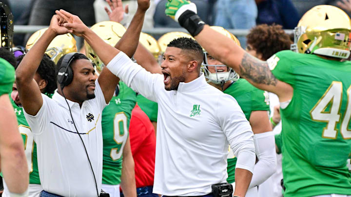 Sep 28, 2024; South Bend, Indiana, USA; Notre Dame Fighting Irish head coach Marcus Freeman reacts after a turnover on downs by the Louisville Cardinals in the second quarter at Notre Dame Stadium. Sep 28, 2024; South Bend, Indiana, USA; Notre Dame Fighting Irish head coach Marcus Freeman reacts after a turnover on downs by the Louisville Cardinals in the second quarter at Notre Dame Stadium.