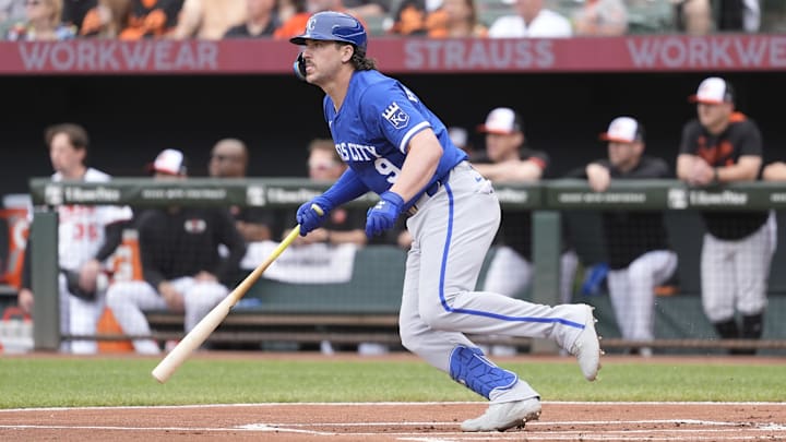 May 4, 2025; Baltimore, Maryland, USA; Kansas City Royals first baseman Vinnie Pasquantino (9) runs out a double against the Baltimore Orioles during the first inning at Oriole Park at Camden Yards. Mandatory Credit: Gregory Fisher-Imagn Images May 4, 2025; Baltimore, Maryland, USA; Kansas City Royals first baseman Vinnie Pasquantino (9) runs out a double against the Baltimore Orioles during the first inning at Oriole Park at Camden Yards. Mandatory Credit: Gregory Fisher-Imagn Images