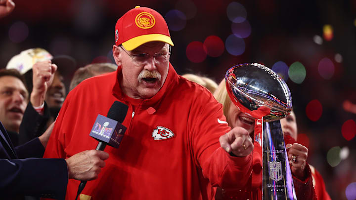 Feb 11, 2024; Paradise, Nevada, USA; Kansas City Chiefs head coach Andy Reid celebrates with the Vince Lombardi Trophy after defeating the San Francisco 49ers in Super Bowl LVIII at Allegiant Stadium. Mandatory Credit: Mark J. Rebilas-Imagn Images