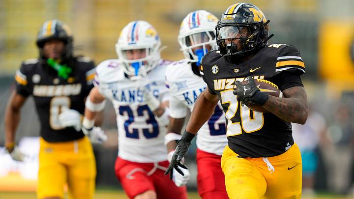 Sep 6, 2025; Columbia, Missouri, USA; Missouri Tigers running back Jamal Roberts (20) runs for a touchdown during the fourth quarter against the Kansas Jayhawks at Faurot Field at Memorial Stadium. Mandatory Credit: Jay Biggerstaff-Imagn Images Sep 6, 2025; Columbia, Missouri, USA; Missouri Tigers running back Jamal Roberts (20) runs for a touchdown during the fourth quarter against the Kansas Jayhawks at Faurot Field at Memorial Stadium. Mandatory Credit: Jay Biggerstaff-Imagn Images