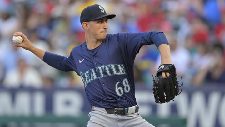 Seattle Mariners starter George Kirby delivers to the plate against the Los Angeles Angels on Saturday at Angel Stadium.