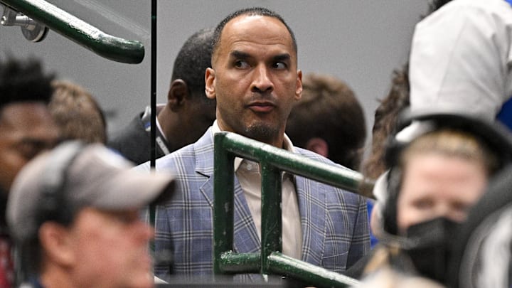 Apr 9, 2025; Dallas, Texas, USA; Dallas Mavericks general manager Nico Harrison during the game between the Dallas Mavericks and the Los Angeles Lakers at American Airlines Center. Mandatory Credit: Jerome Miron-Imagn Images
