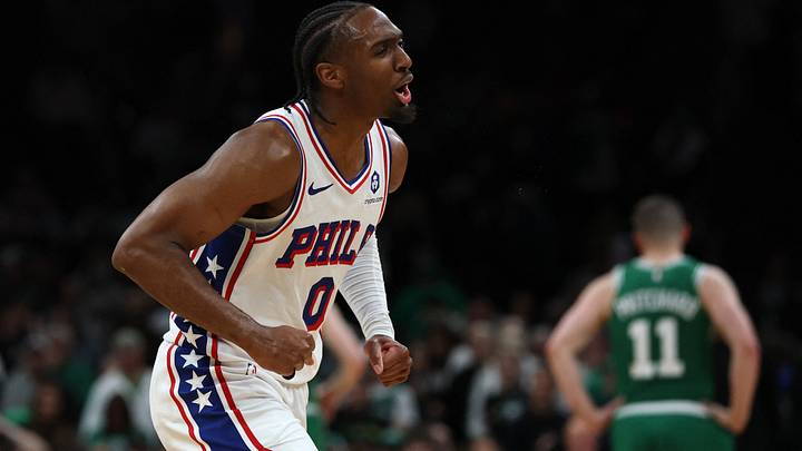 May 2, 2026; Boston, Massachusetts, USA; Philadelphia 76ers guard Tyrese Maxey (0) celebrates during the final moments of their win over the Boston Celtics in game seven of the first round of the 2026 NBA Playoffs at TD Garden. Mandatory Credit: Winslow Townson-Imagn Images May 2, 2026; Boston, Massachusetts, USA; Philadelphia 76ers guard Tyrese Maxey (0) celebrates during the final moments of their win over the Boston Celtics in game seven of the first round of the 2026 NBA Playoffs at TD Garden. Mandatory Credit: Winslow Townson-Imagn Images
