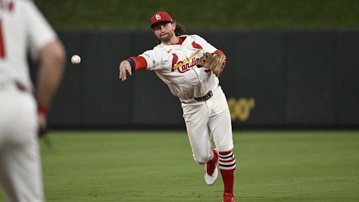 Sep 16, 2025; St. Louis, Missouri, USA; St. Louis Cardinals second baseman Brendan Donovan (33) throws out Cincinnati Reds first baseman Sal Stewart (43) (not pictured) at first base in the sixth inning at Busch Stadium. Mandatory Credit: Joe Puetz-Imagn Images