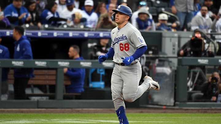 Apr 18, 2026; Denver, Colorado, USA; Los Angeles Dodgers catcher Dalton Rushing (68) runs home after a home run during the second inning against the Colorado Rockies at Coors Field. Mandatory Credit: Christopher Hanewinckel-Imagn Images
