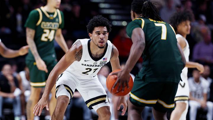 Vanderbilt's Ace Glass (21) guards UAB’s Elijah Duval (7) during the first half of their exhibition game at Vanderbilt’s Memorial Gym Monday, October 19, 2026.