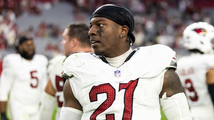 Dec 21, 2025; Glendale, Arizona, USA;  Arizona Cardinals linebacker Akeem Davis-Gaither (27) against the Atlanta Falcons at State Farm Stadium. Mandatory Credit: Mark J. Rebilas-Imagn Images