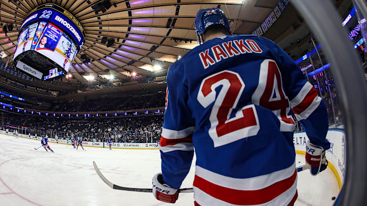 Dec 8, 2024; New York, New York, USA; New York Rangers right wing Kaapo Kakko (24) warms up before a game against the Seattle Kraken at Madison Square Garden. Mandatory Credit: Danny Wild-Imagn Images