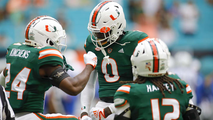 Oct 22, 2022; Miami Gardens, Florida, USA; Miami Hurricanes safety James Williams (0) celebrates