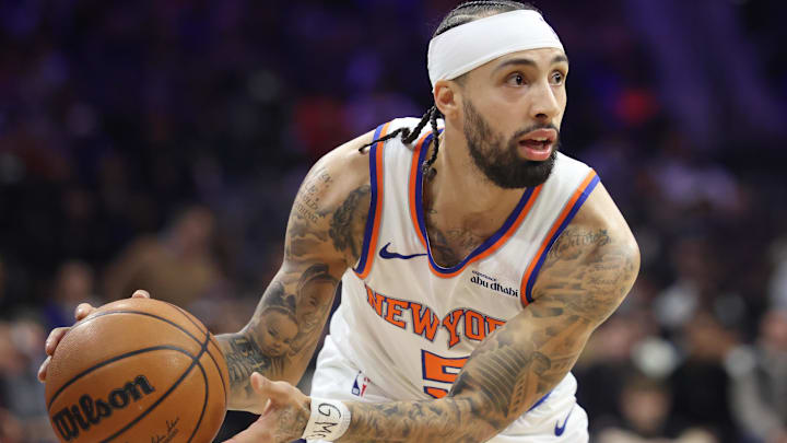 Feb 11, 2026; Philadelphia, Pennsylvania, USA; New York Knicks guard Jose Alvarado (5) controls the ball against the Philadelphia 76ers during the first half at Xfinity Mobile Arena. Feb 11, 2026; Philadelphia, Pennsylvania, USA; New York Knicks guard Jose Alvarado (5) controls the ball against the Philadelphia 76ers during the first half at Xfinity Mobile Arena.