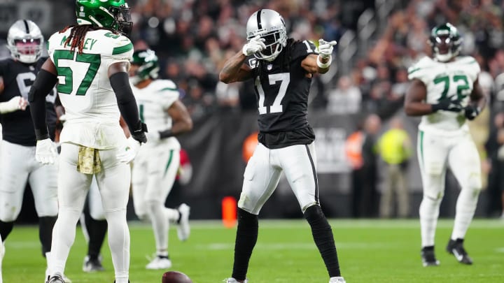 Nov 12, 2023; Paradise, Nevada, USA; Las Vegas Raiders wide receiver Davante Adams (17) gestures after gaining a first down against the New York Jets during the second quarter at Allegiant Stadium. Mandatory Credit: Stephen R. Sylvanie-USA TODAY Sports