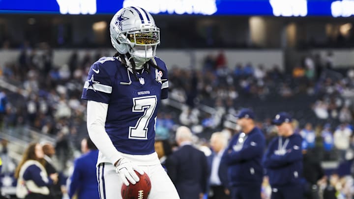 Dec 21, 2025; Arlington, Texas, USA; Dallas Cowboys cornerback Trevon Diggs (7) participates in pregame warmups against the Los Angeles Chargers at AT&T Stadium. Mandatory Credit: Kevin Jairaj-Imagn Images