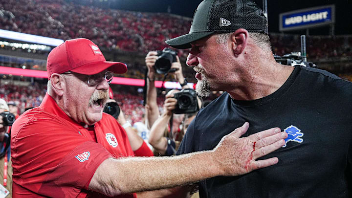 Detroit Lions head coach Dan Campbell, right, shakes hands with Kansas City Chiefs head coach Andy Reid after 30-17 loss at Arrowhead Stadium in Kansas City, Missouri on Sunday, Oct. 12, 2025.