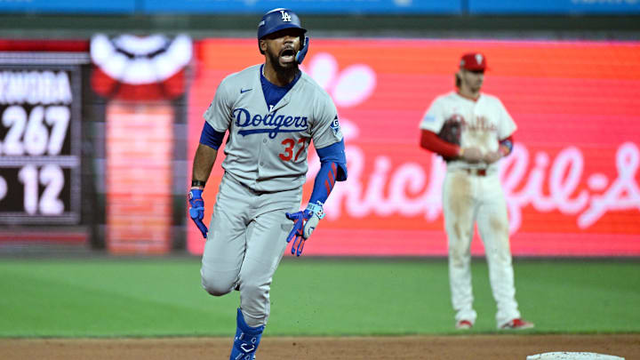Oct 4, 2025; Philadelphia, Pennsylvania, USA; Los Angeles Dodgers right fielder Teoscar Hernandez (37) runs after hitting a three run home run against the Philadelphia Phillies in the seventh inning during game one of the NLDS round for the 2025 MLB playoffs at Citizens Bank Park. Mandatory Credit: Eric Hartline-Imagn Images