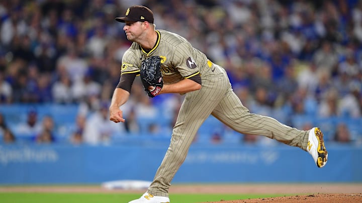 San Diego Padres pitcher Michael King throws during a game against the Los Angeles Dodgers on Sept. 24 at Dodger Stadium.