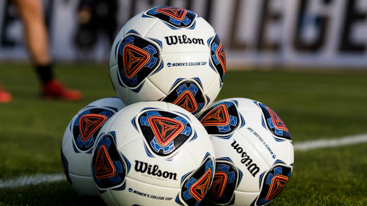 Dec 3, 2021; Santa Clara, CA, USA; Soccer balls are seen on the field before the 2021 Women's College Cup semifinals between the Florida State Seminoles and the Rutgers Scarlet Knights at Stevens Stadium. Mandatory Credit: John Hefti-Imagn Images