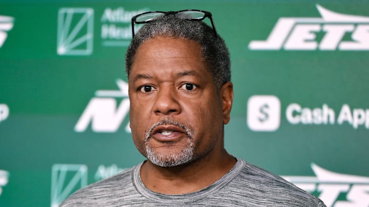 Jun 11, 2025; Florham Park, NY, USA; New York Jets defensive coordinator Steve Wilks speaks at a press conference during minicamp at Atlantic Health Jets Training Center. 