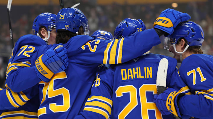 Jan 31, 2026; Buffalo, New York, USA; Buffalo Sabres defenseman Owen Power (25) celebrates his goal with teammates during the second period against the Montréal Canadiens at KeyBank Center. Mandatory Credit: Timothy T. Ludwig-Imagn Images Jan 31, 2026; Buffalo, New York, USA; Buffalo Sabres defenseman Owen Power (25) celebrates his goal with teammates during the second period against the Montréal Canadiens at KeyBank Center. Mandatory Credit: Timothy T. Ludwig-Imagn Images