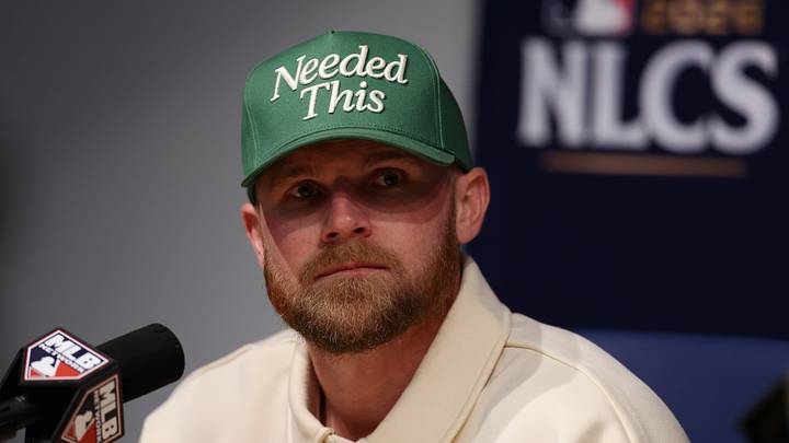 Oct 14, 2026; Los Angeles, California, USA; Milwaukee Brewers first baseman Jake Bauers (9) speaks in a press conference after game three of the NLCS for the 2026 MLB Playoffs against the Los Angeles Dodgers at Uniqlo Field at Dodger Stadium. Mandatory Credit: Kiyoshi Mio-Imagn Images Oct 14, 2026; Los Angeles, California, USA; Milwaukee Brewers first baseman Jake Bauers (9) speaks in a press conference after game three of the NLCS for the 2026 MLB Playoffs against the Los Angeles Dodgers at Uniqlo Field at Dodger Stadium. Mandatory Credit: Kiyoshi Mio-Imagn Images