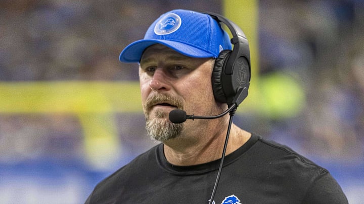 Nov 28, 2024; Detroit, Michigan, USA; Detroit Lions winning head coach Dan Campbell walks the sidelines during the first half against the Chicago Bears at Ford Field. Mandatory Credit: David Reginek-Imagn Images