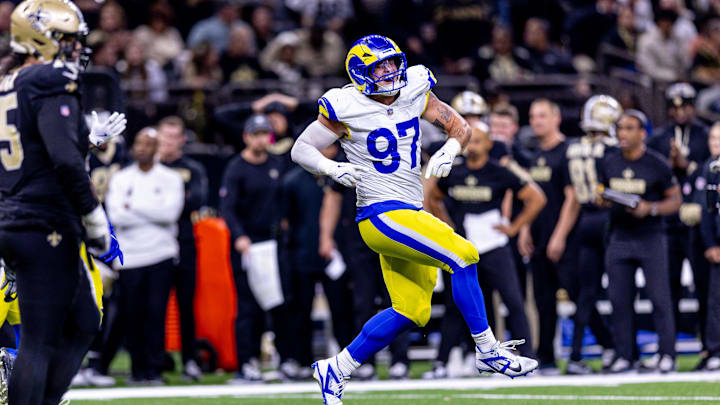 Dec 1, 2024; New Orleans, Louisiana, USA; Los Angeles Rams linebacker Michael Hoecht (97) reacts to a fourth down stop in the final minute against the New Orleans Saints during the second half at Caesars Superdome. Mandatory Credit: Stephen Lew-Imagn Images Dec 1, 2024; New Orleans, Louisiana, USA; Los Angeles Rams linebacker Michael Hoecht (97) reacts to a fourth down stop in the final minute against the New Orleans Saints during the second half at Caesars Superdome. Mandatory Credit: Stephen Lew-Imagn Images