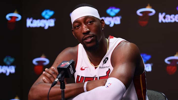 Sep 30, 2024; Miami, FL, USA; Miami Heat center Bam Adebayo (13) talks to reporters during media day at Kaseya Center Sep 30, 2024; Miami, FL, USA; Miami Heat center Bam Adebayo (13) talks to reporters during media day at Kaseya Center