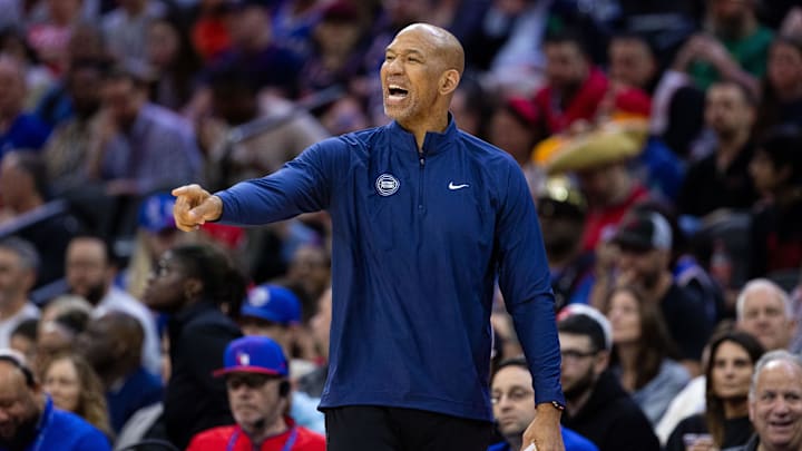 Apr 9, 2024; Philadelphia, Pennsylvania, USA; Detroit Pistons head coach Monty Williams reacts