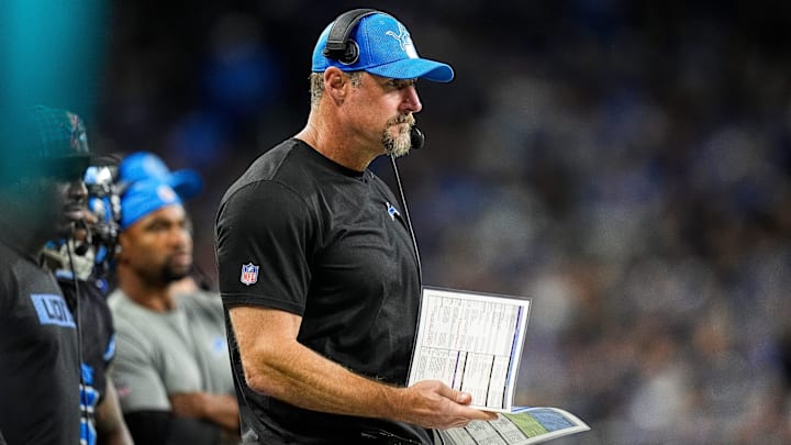 Sep 30, 2024; Detroit, MI, USA; Detroit Lions head coach Dan Campbell watches a play against Seattle Seahawks during the first half at Ford Field in Detroit on Monday, Sept. 30, 2024. Mandatory Credit:  Junfu Han/USA TODAY NETWORK via Imagn Images