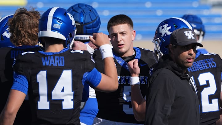Kentucky’s Zach Calzada and the rest of the quarterbacks huddled up during their Spring practice finale at Kroger Field.
April 12, 2025
