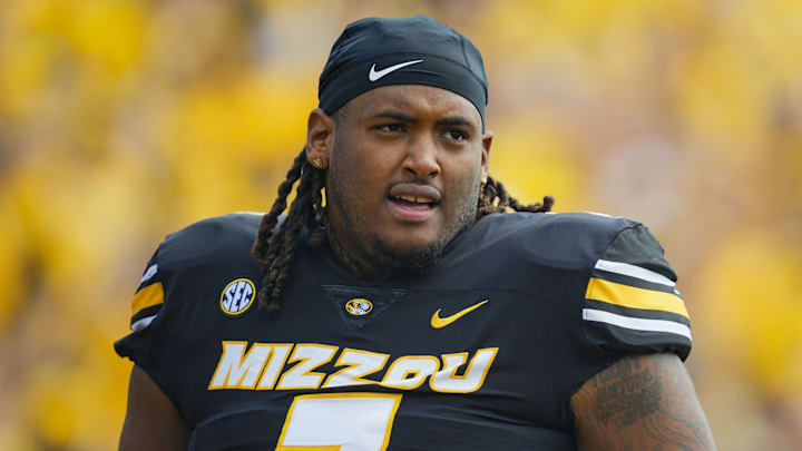 Sep 6, 2025; Columbia, Missouri, USA; Missouri Tigers defensive tackle Chris McClellan (7) prior to a game against the Kansas Jayhawks at Faurot Field at Memorial Stadium. Mandatory Credit: Jay Biggerstaff-Imagn Images