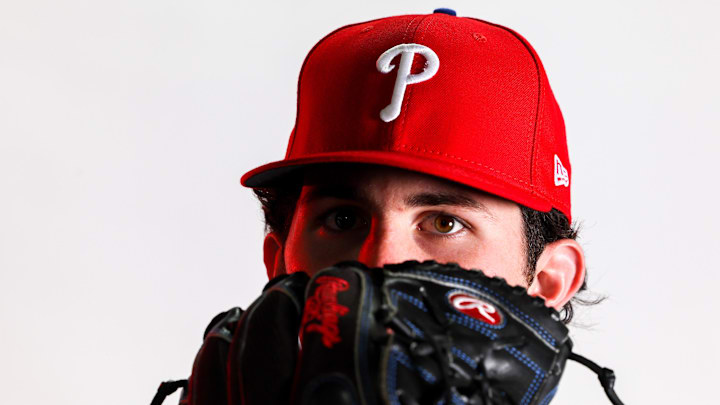 Feb 23, 2023; Clearwater, FL, USA; Philadelphia Phillies pitcher Andrew Painter (76) during photo day at BayCare Ballpark. 