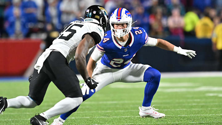 Sep 23, 2024; Orchard Park, New York, USA; Buffalo Bills safety Cole Bishop (24) in pass coverage against Jacksonville Jaguars wide receiver Tim Jones (15) in the second quarter at Highmark Stadium.