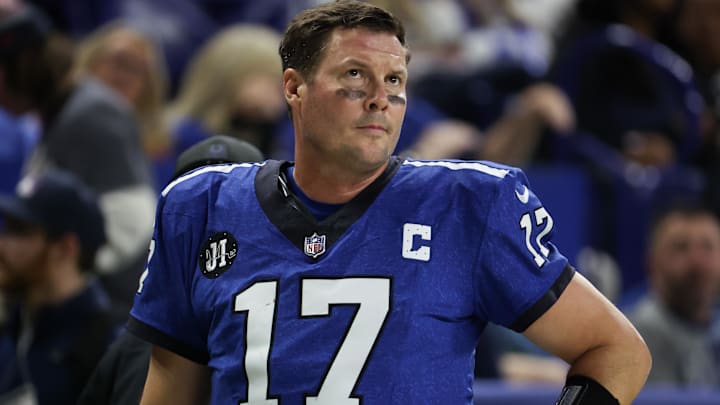 Dec 22, 2025; Indianapolis, Indiana, USA; Indianapolis Colts quarterback Philip Rivers (17) looks on in the second quarter of the game against the San Francisco 49ers at Lucas Oil Stadium.