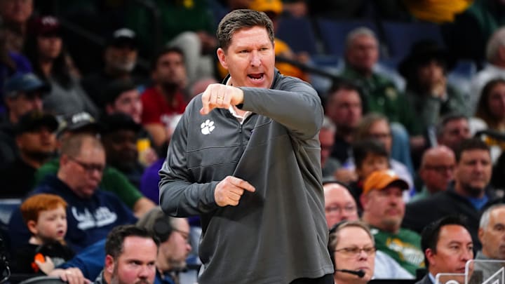 Mar 24, 2024; Memphis, TN, USA; Clemson Tigers head coach Brad Brownell reacts against the Baylor Bears in the second half in the second round of the 2024 NCAA Tournament at FedExForum. Mandatory Credit: John David Mercer-Imagn Images