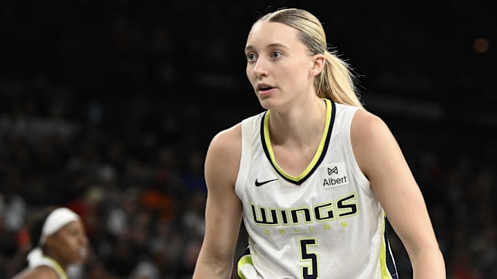 Jun 13, 2025; Las Vegas, Nevada, USA; Dallas Wings guard Paige Bueckers (5) defends against the Las Vegas Aces in the third quarter of their game at Michelob Ultra Arena. Mandatory Credit: Candice Ward-Imagn Images Jun 13, 2025; Las Vegas, Nevada, USA; Dallas Wings guard Paige Bueckers (5) defends against the Las Vegas Aces in the third quarter of their game at Michelob Ultra Arena. Mandatory Credit: Candice Ward-Imagn Images