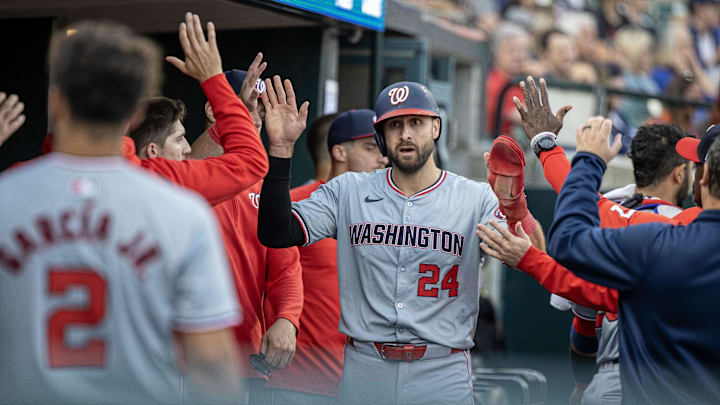 Jun 11, 2024; Detroit, Michigan, USA; Washington Nationals first base Joey Gallo (24) scores a run in the fifth inning against the Detroit Tigers at Comerica Park.